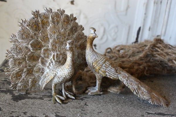   CHIC S/2 Gilt PEACOCK FIGURINES Fanned Iron Metal NEW  