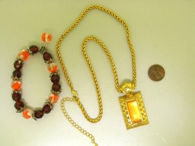 SIGNED PISCITELLI ORANGE 17 PC LOT MOP CATS EYE GLASS BEAD VINTAGE 