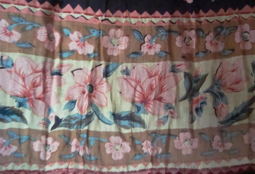 Vtg 80s Made in India Shabby Roses Print 100% Sheer Black Cotton Full 