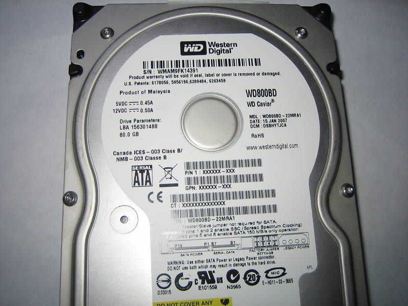 WD WESTERN DIGITAL 80GB WD800BD 22MRA1 SATA HARD DRIVE  