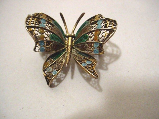 Vintage Gold Colored 800 Silver Enamel Filigree Butterfly Pin  