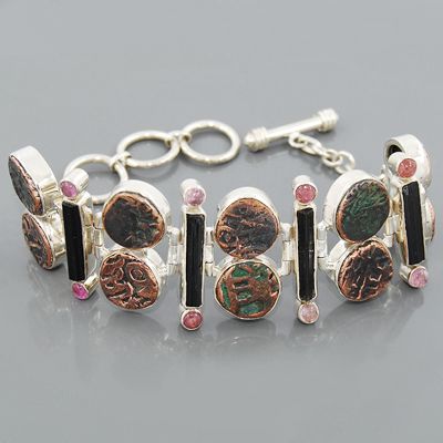 rare copper coin tourmaline gemstone 925 sterling silver bracelet size 