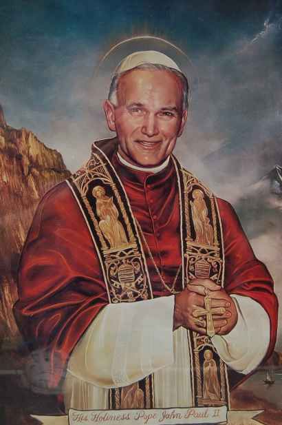 Older framed picture of Pope John Paul II + + chalice  