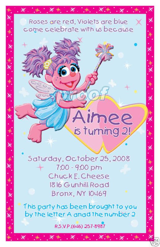 Set of 10 Abby Cadabby Elmo Personalized Invitations  