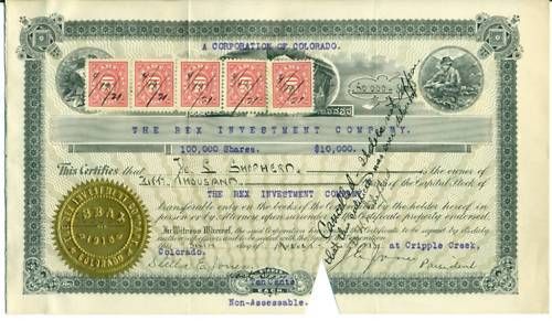 The Rex Investment Company Colorado Stock Certificate  