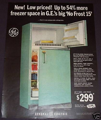 1965 GENERAL ELECTRIC NO FROST 15 REFRIGERATOR COLOR AD  