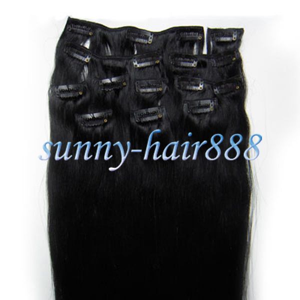   2010pcs Clip On Real Human Hair Extensions #01 Jet black, 90g ,New