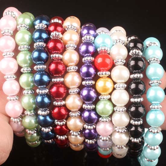 10X Multicolor Imitation Glass Pearl Round Bead Stretchy Bracelet 