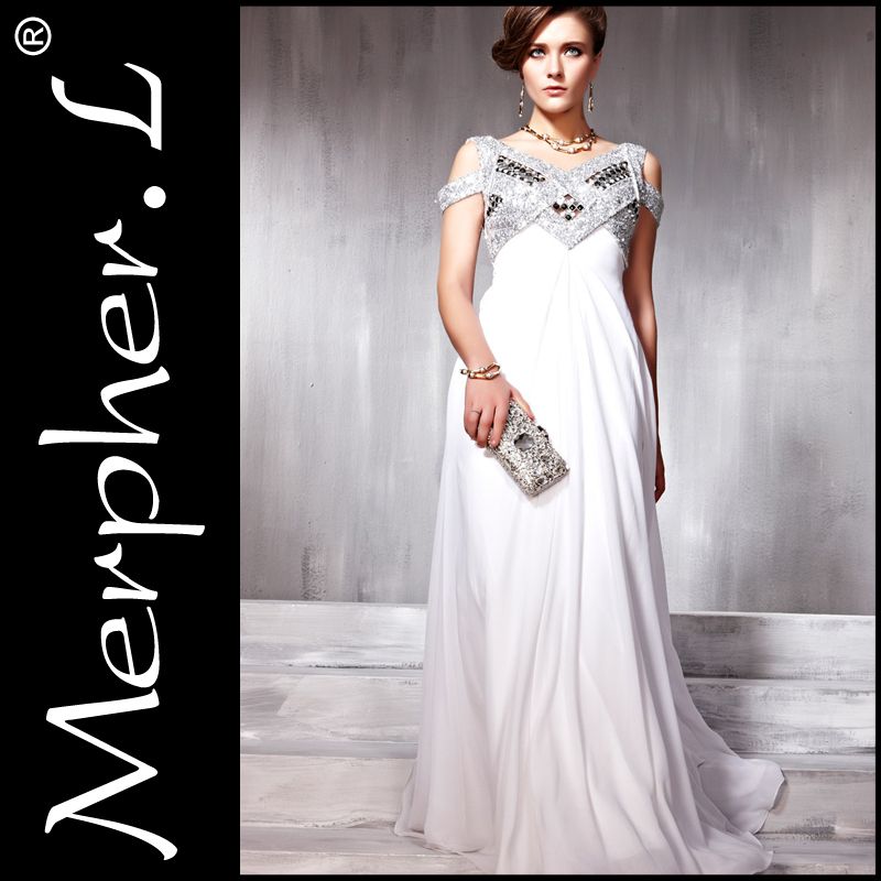   White Cocktail Prom Chiffon Strap Beading Party Long Evening Dress