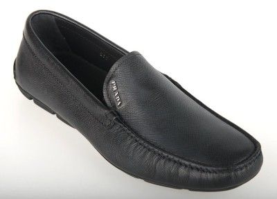   PRADA SAFFIANO BLACK LEATHER LOGO MOCCASINS SHOES W/BOX 9/US 10  