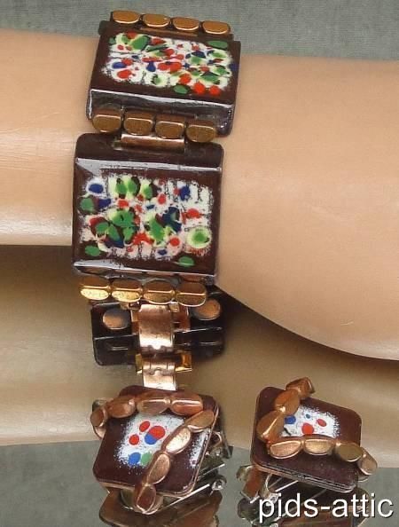   Thickly Enameled RENOIR Copper BRACELET & CLIP EARRINGS Signed MATISSE