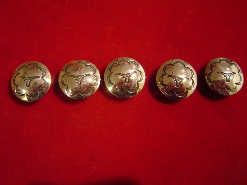 Set of 5 Sterling 3/4 w/ stamped Steer head Conchos  