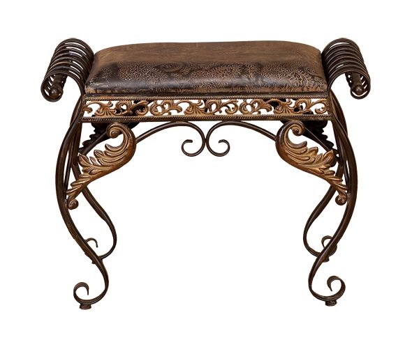 Tuscan Leather Look Scrolling Iron Metal Bench Stool  