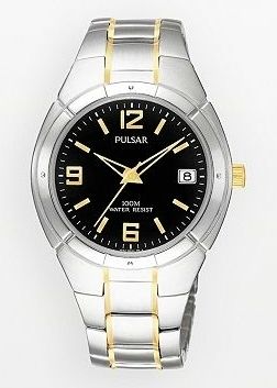 SEIKO PULSAR $125 MENS SILVER STAINLESS STEEL/GOLD BLACK DIAL WATCH 