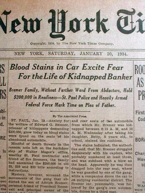 1934 newspapers EDWARD BREMMER KIDNAPPING Minnesota  