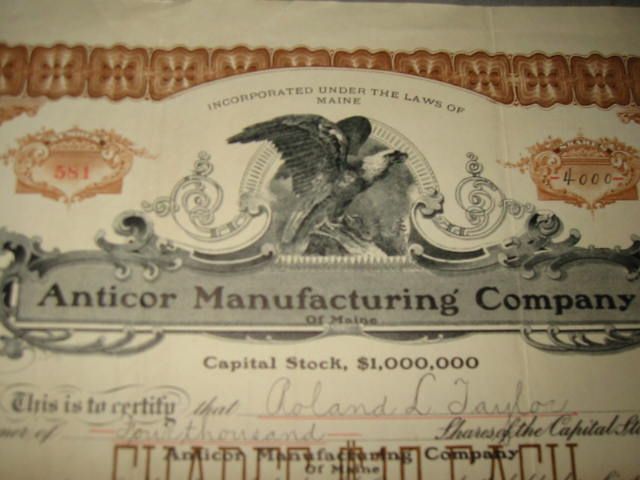 1912 ANTICOR Manufacturing Co Stock Certificate   MAINE  