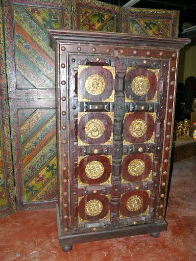 India Floral Brass Carved Teak Cabinet Antique Armoire 65x34  