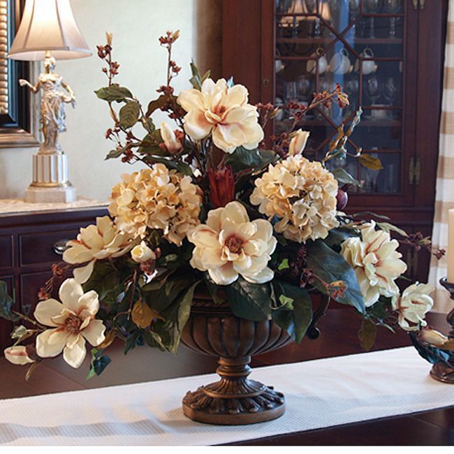   ARTIFICIAL CREAM YELLOW MAGNOLIA & HYDRANGEA SILK FLOWER ARRANGEMENT