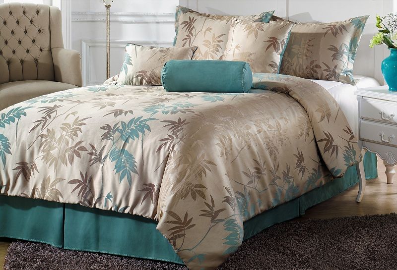   Blue Bamboo Leaf Jacquard Comforter Set Bed in a bag Queen Size  