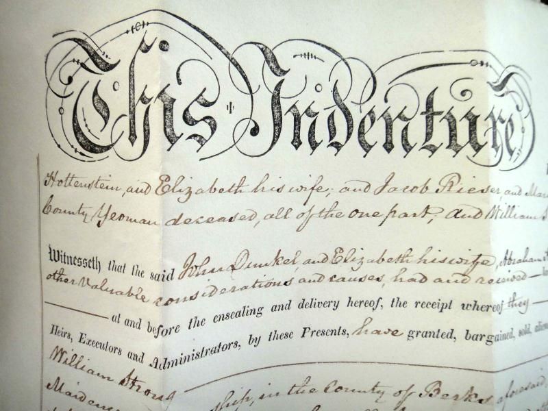 1844 antique FARM DEED MAIDENCREEK BERKS CTY PA~DUNKEL/HOTTERSTIEN 