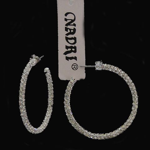 Nadri Micro Pave O Hoop Earrings Silvertone  