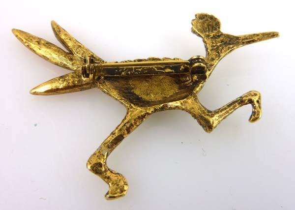 Vintage Retro 1950s Road Runner Bird Pin Brooch Orange Rhinestones 