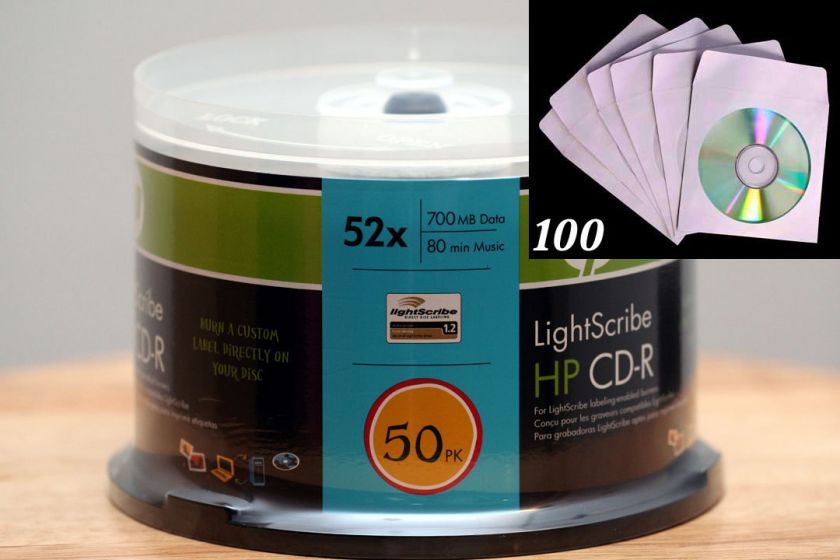 50 HP Lightscribe 52X CD R Blank Disc + 100pcs White CD/DVD Paper 