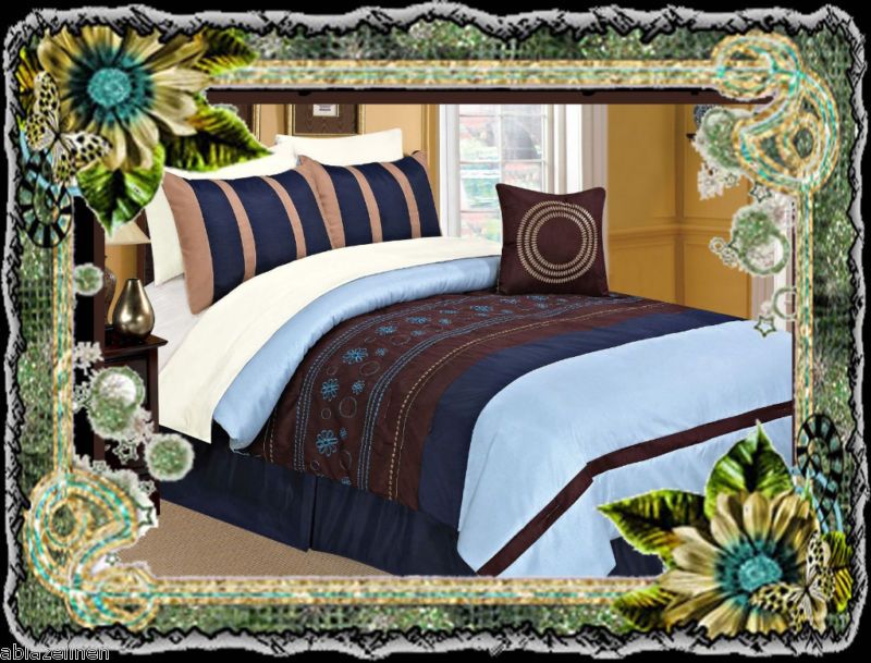 8PCs Daisy Embroidery Comforter Set w/ Sheet BLUE QUEEN  