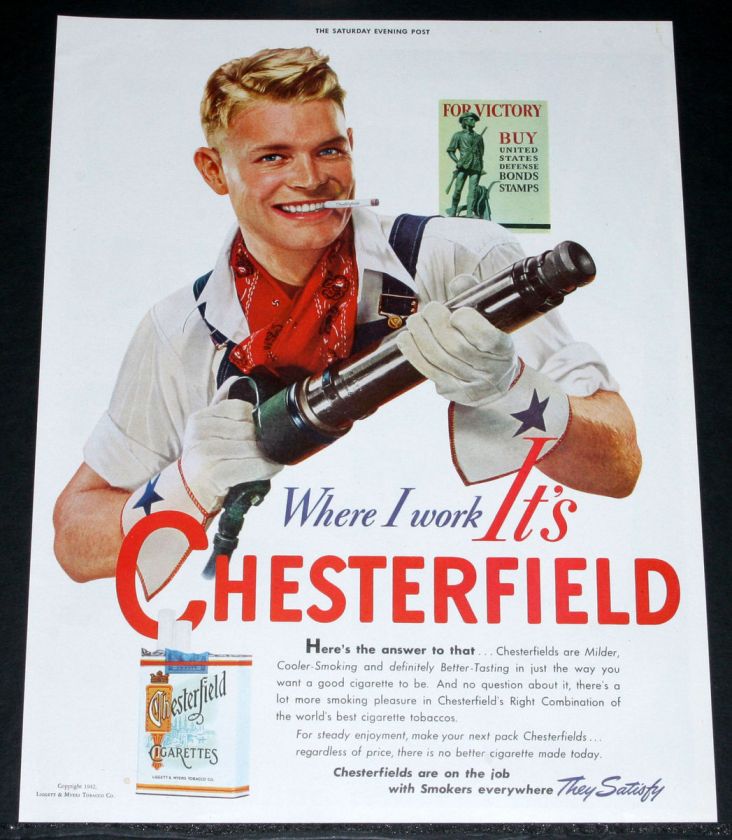   MAGAZINE PRINT AD, CHESTERFIELD CIGARETTES, WARTIME WORKER ART  