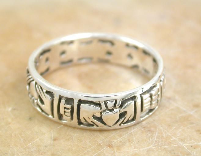 EXOTIC STERLING SILVER CELTIC CLADDAGH BAND RING sz 9  