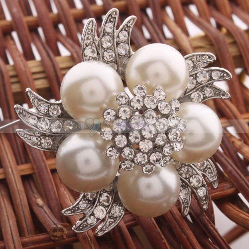 Generous White Colored Pearl Rhinestone Brooch Pin  