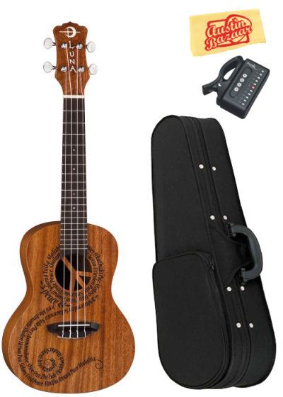 Luna Maluhia (Peace) Concert Ukulele Bundle w/ Hardshell Case, Tuner 