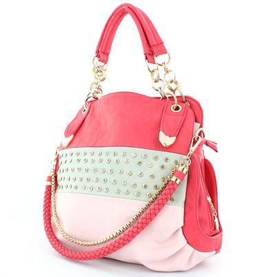 HOt Celebrity Style Vegan Leather Studds chain Pink Handbag+DG 