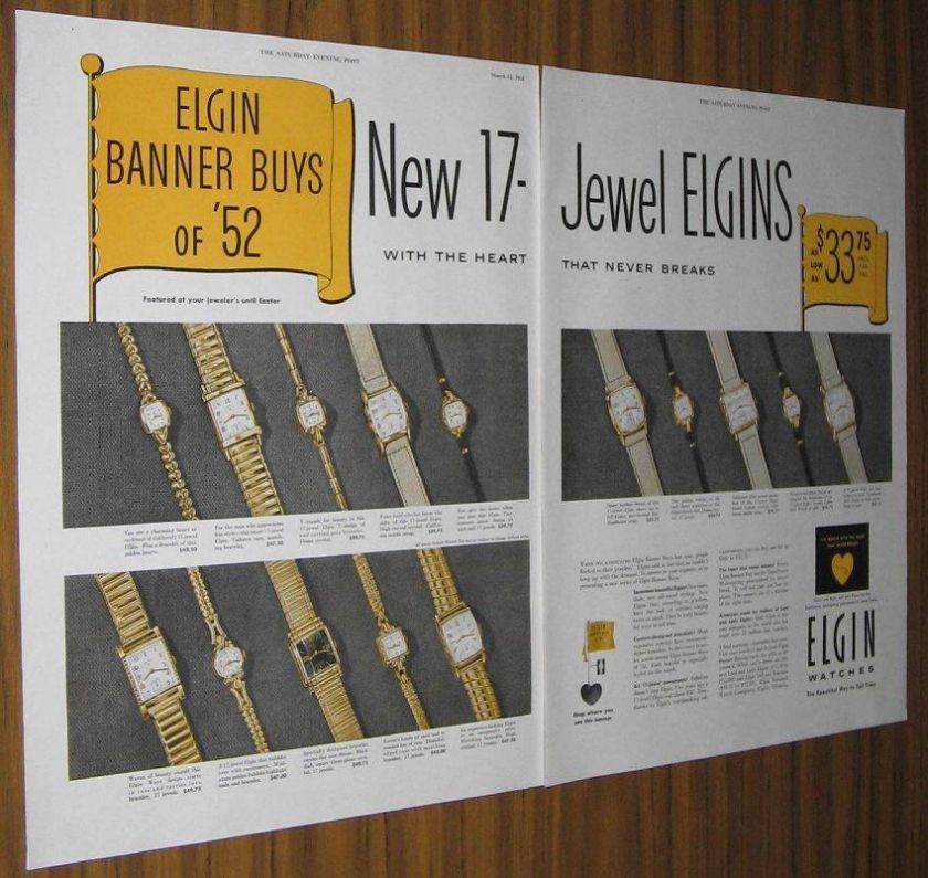 1952 AD~ELGIN WATCHES~17 WRIST WATCH MODELS  