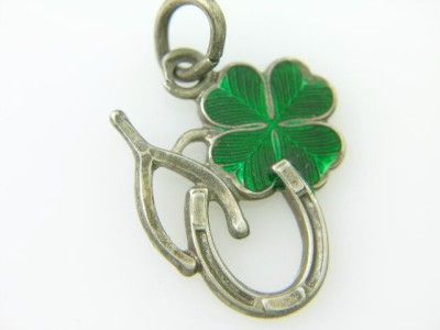   STERLING ENAMEL LUCKY IRISH 4 LEAF CLOVER CHARM HORSE SHOE WISH BONE