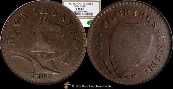 1787 New Jersey Copper NGC F15 BN CAC  