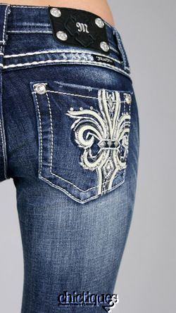 MISS ME Jeans Leather Pyramid Crystal Fleur de Lis Denim Boot Cut 