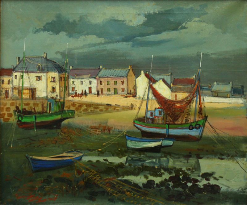 LISTED French Maurice Lemaitre 1960s Cubist Fishing Village Oil on 