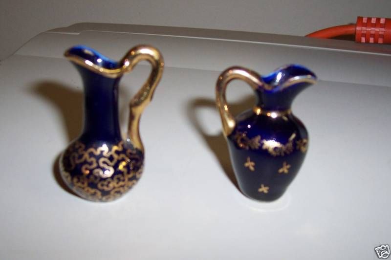 TWO MINI VASES/URNS P JAPAN COBALT BLUE w/ GOLD ACCENTS  