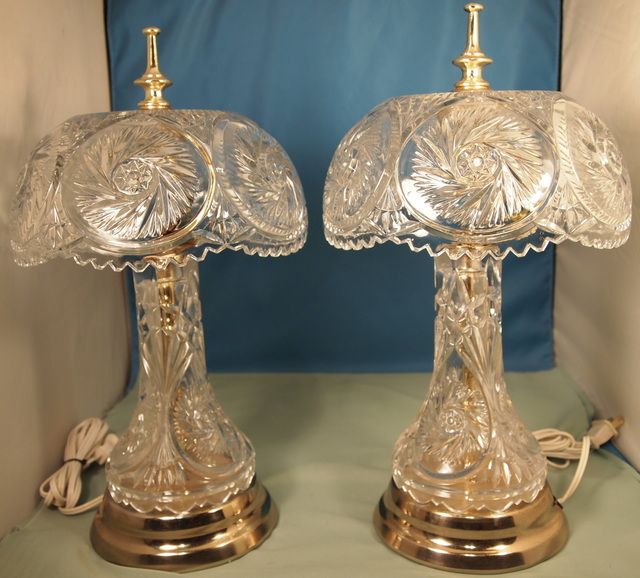 Vintage Lead Crystal Table Lamps with Cut Glass & Brass Bases   1 Pair 