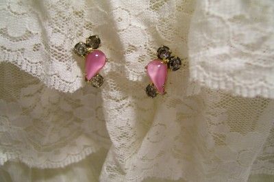 Vtg Rhinestone & Pink Glass Moonstone Screw Eearrings  