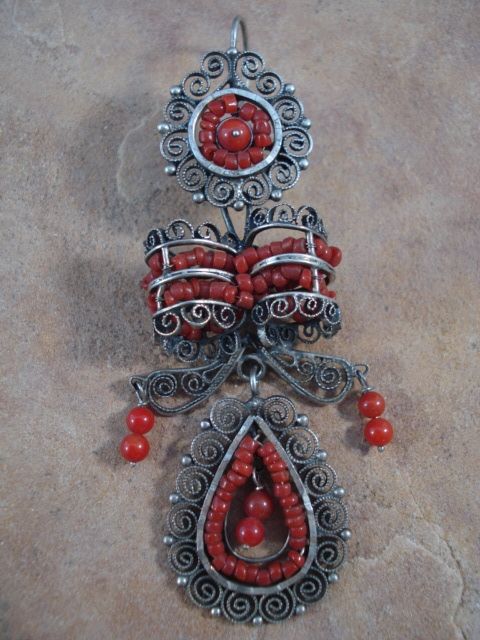 Large Mexican Sterling Silver Red Coral Frida Earrings  