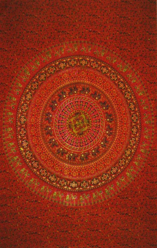 VIBRANT FIREY RED MANDALA TWIN TAPESTRY TABLECLOTH COVERLET WALL HANG 