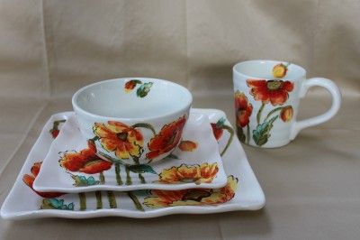   WATER POPPY DINNERWARE SET PLATES BOWLS MUGS   RED/ORANGE/YELLOW 16PC