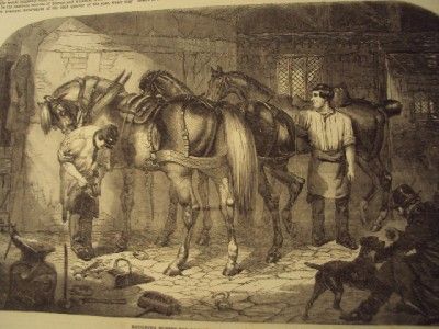 1854 BLACKSMITH IN STABLE FORGE WORKING IRON ANVIL HORSES TOOLS  